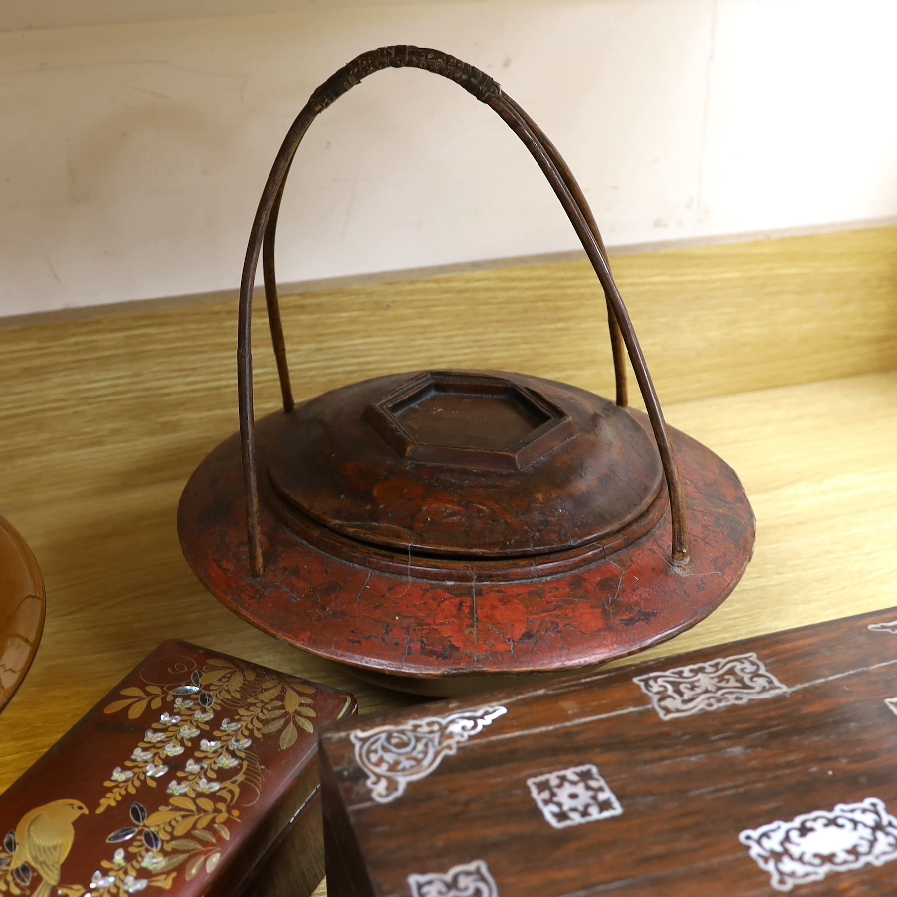 A Victorian mother of pearl inlaid rosewood box, glass pedestal bowl, Wedgwood majolica pedestal dish and various lacquer wares